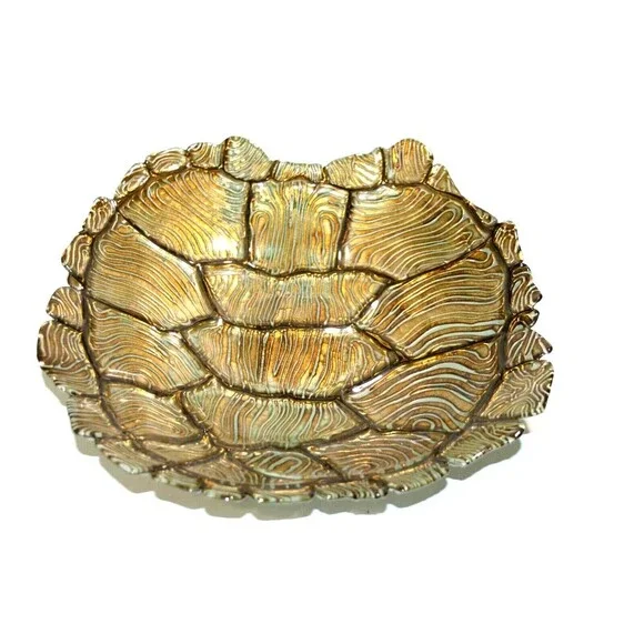 Turtle Tortoise Glass Shell Serving Bowl Platter Silver Green Gold 13 Inch